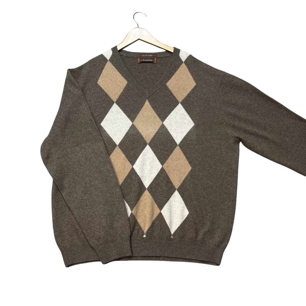 Tasso Elba Sweater Men XL Brown Long Sleeve Argyle Cashmere V-Neck Knit Pullover